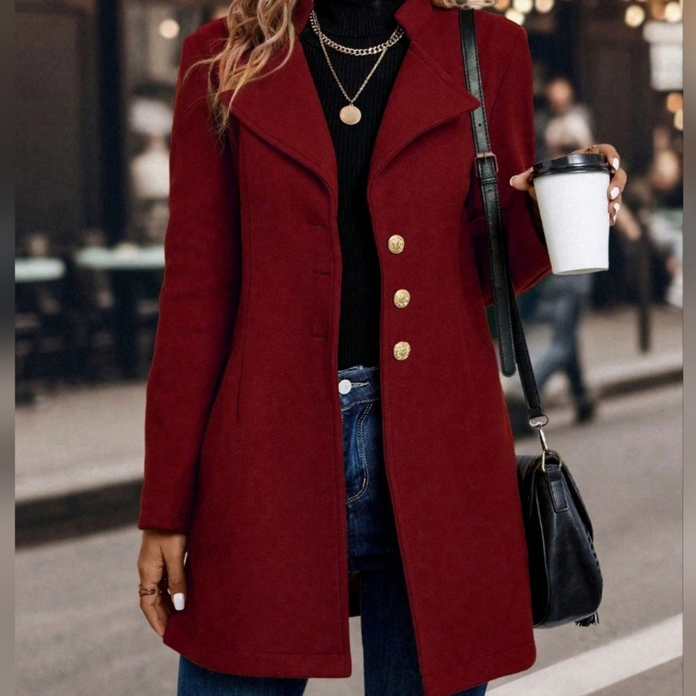Solid Color Woolen Coat With Single Breasted Button